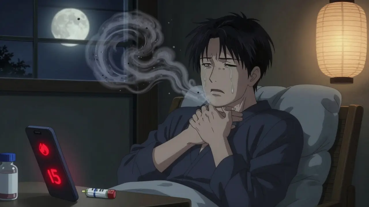 Patient seul à domicile pendant une réaction retardée à la chimiothérapie, avec un téléphone affichant un appel d'urgence et des particules toxiques en spirale.