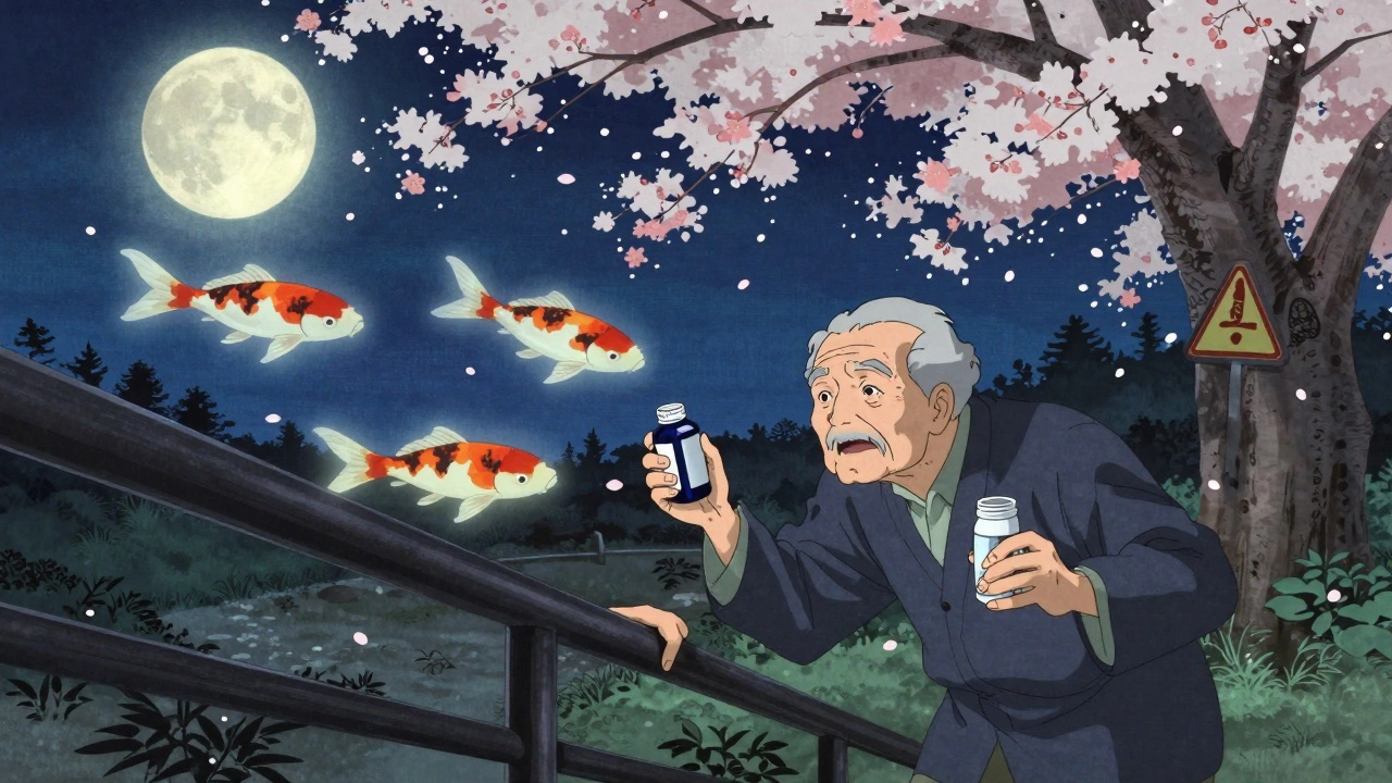 Personne âgée en train de tomber dans un jardin lunaire, des comprimés fantômes flottent au-dessus d&#039;elle.