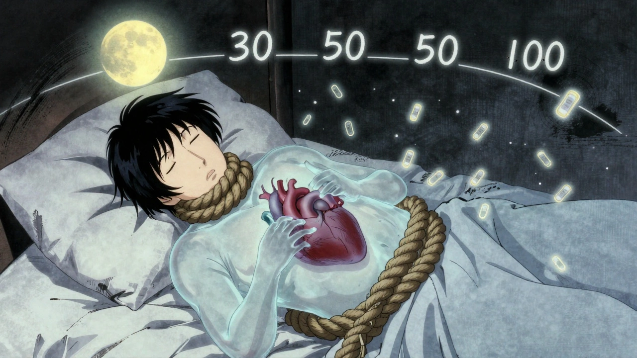 Personne endormie avec un cœur étouffé par des tissus graisseux, dans un style anime aux touches traditionnelles japonaises.