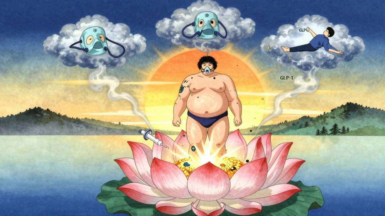 Personne libérée de son excès de poids, entourée de traitements qui deviennent une fleur de lotus, dans un style anime ukiyo-e.