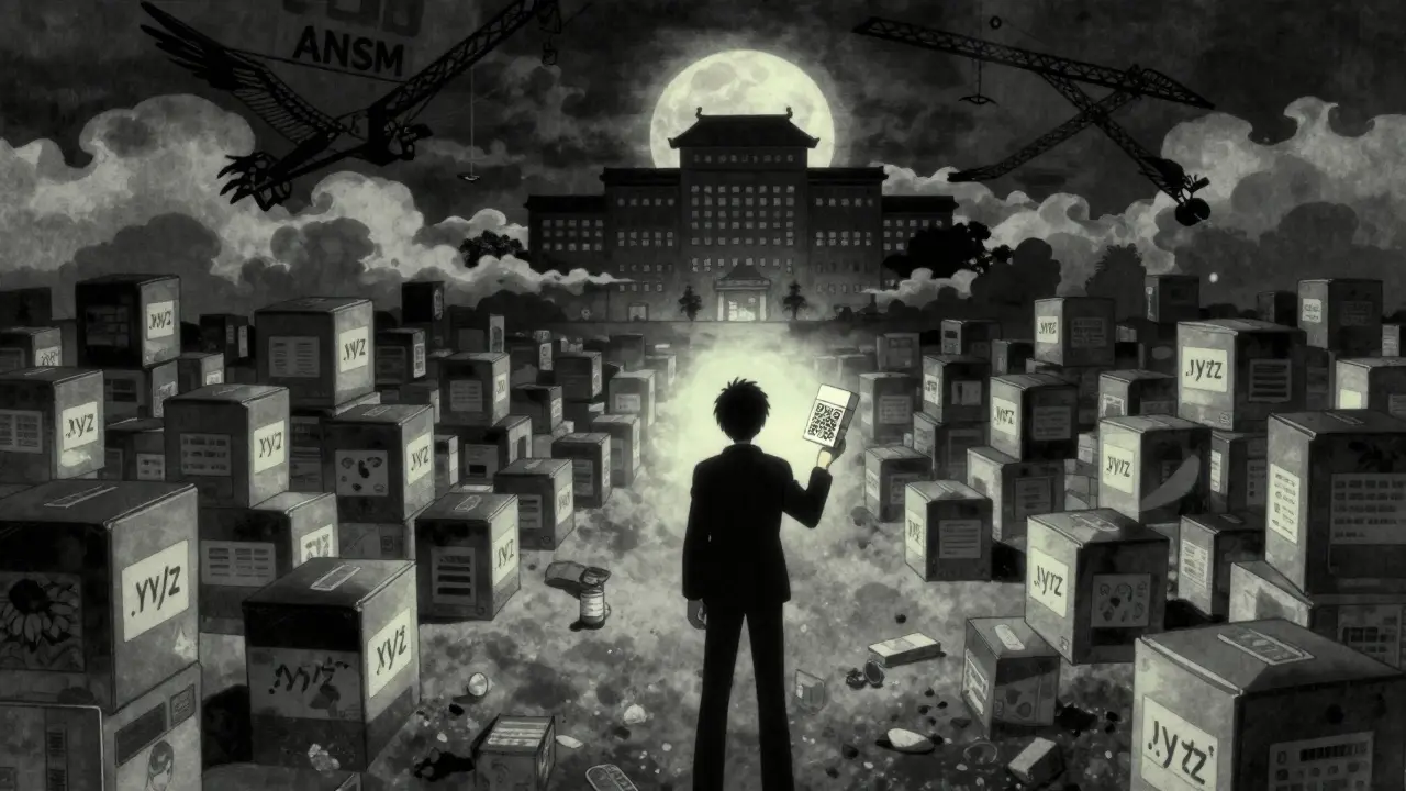 Personne tenant un médicament authentique face à un marché en ligne sombre rempli de faux emballages.