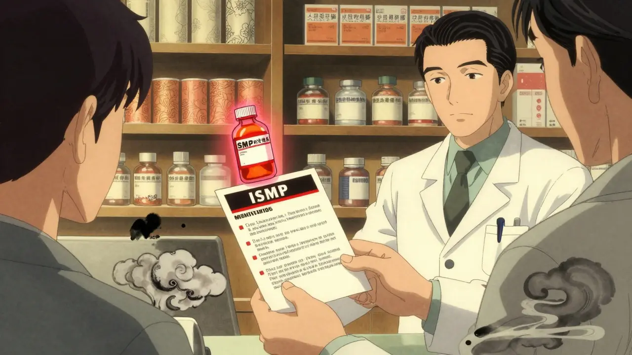 Pharmacien remettant une fiche de sécurité ISMP à un patient, avec une alerte lumineuse au-dessus d'un médicament à risque.