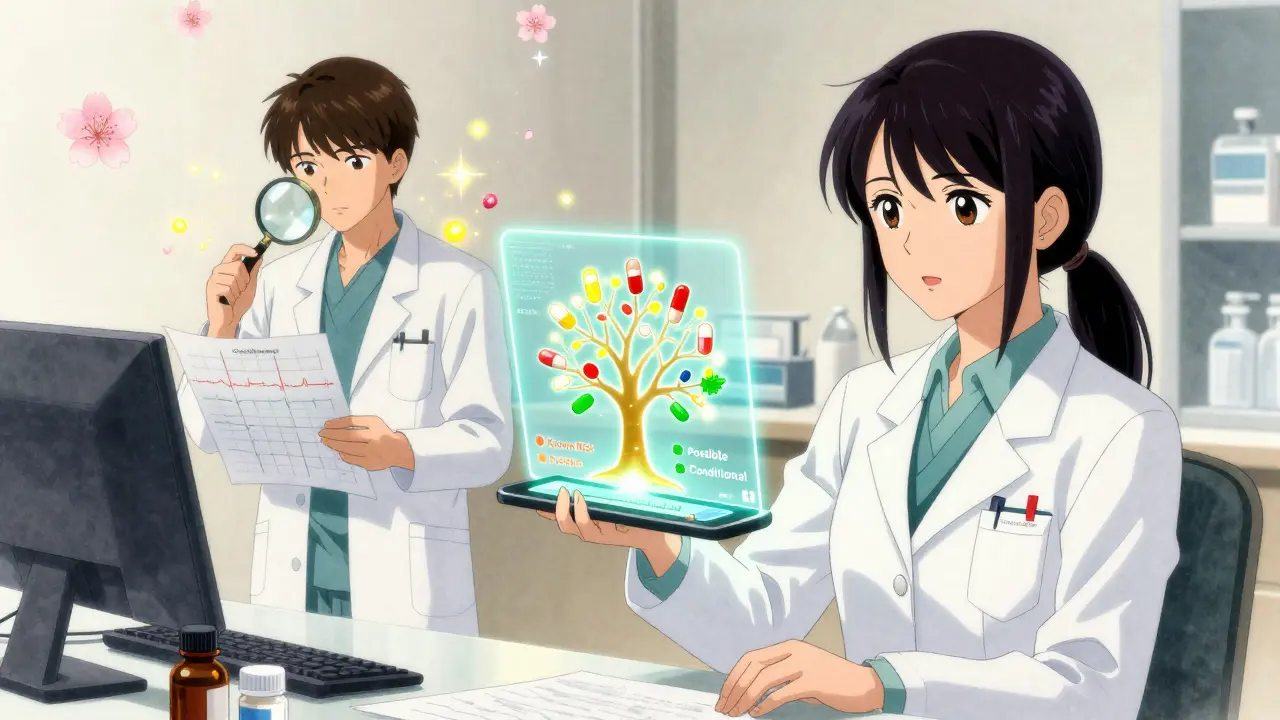 Pharmacienne consulte une base de données CredibleMeds projetée en lumière, avec des ions de potassium et magnésium brillants.