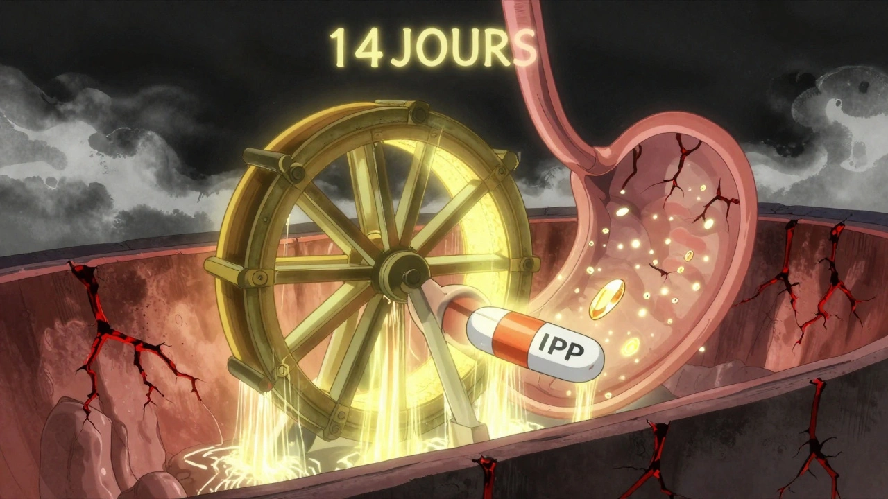 Pompe à protons arrêtée par un IPP, avec des cristaux de vitamines qui disparaissent, dans un style anime traditionnel japonais.