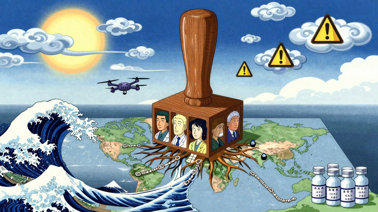 Sceau géant imprime des racines et des ponts sur une carte du monde, transformant la vulnérabilité en résilience.