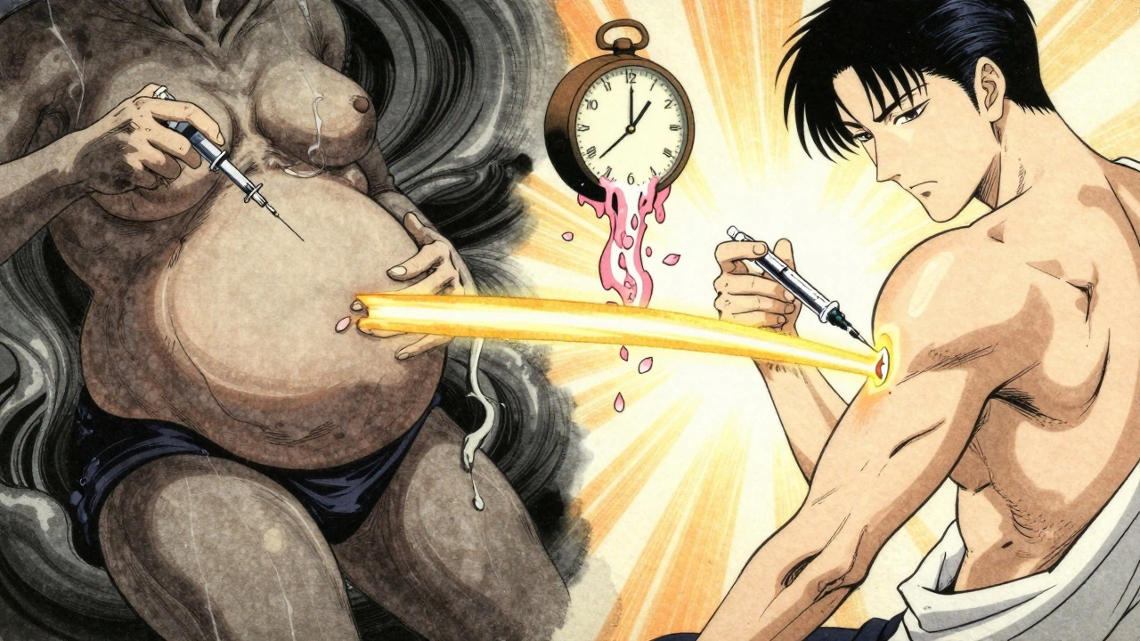 Scène divisée : à gauche, injection dans une zone lésée ; à droite, injection dans une zone saine, avec une lumière dorée symbolisant la bonne pratique.