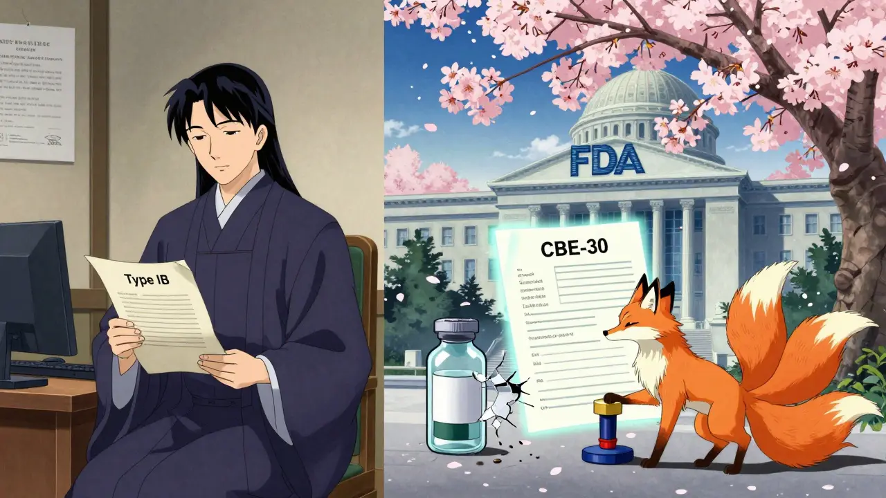 Scène divisée montrant des autorités réglementaires européennes et américaines avec un flacon de médicament qui se fissure entre elles.