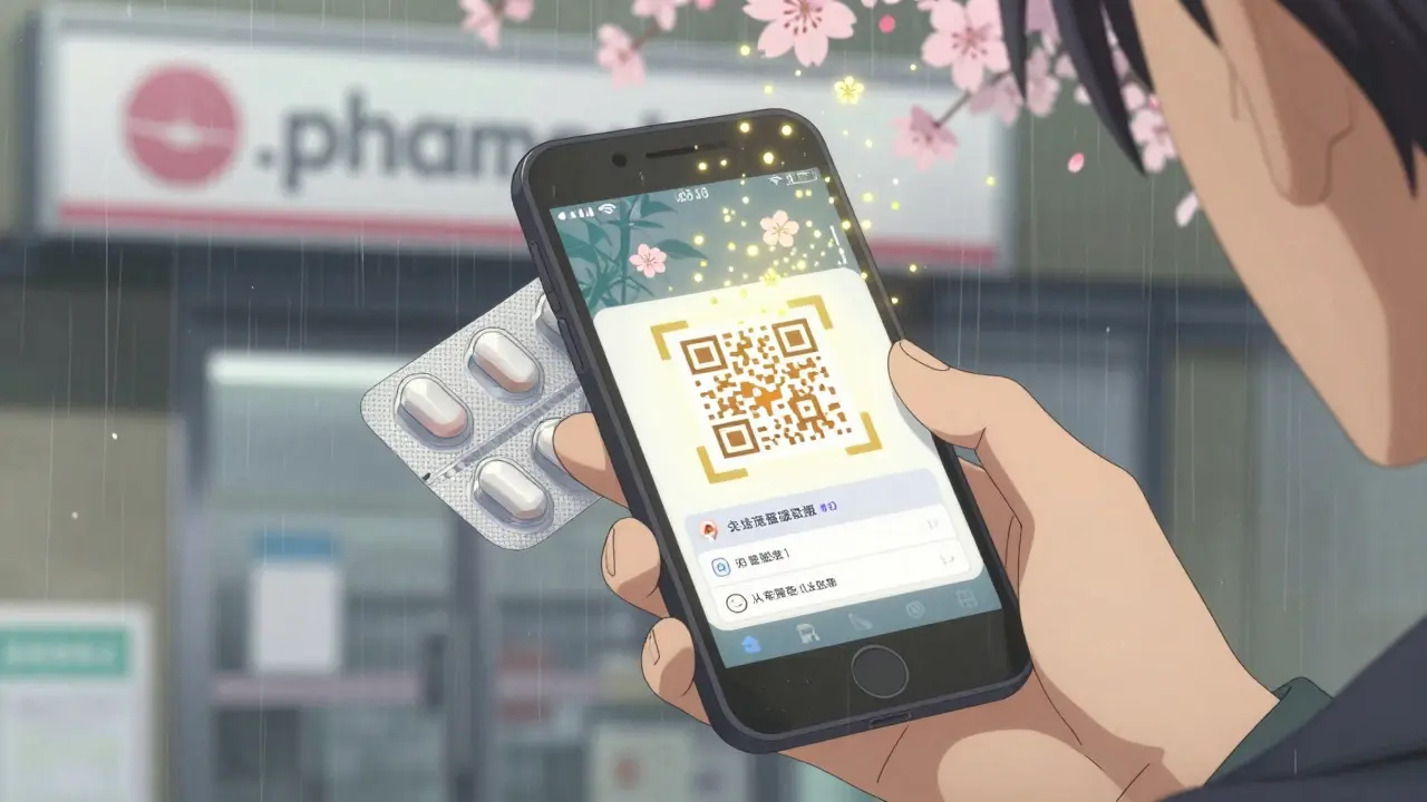 Smartphone affichant un code QR en cours de vérification, des particules dorées s'élèvent comme des pétales de cerisier.