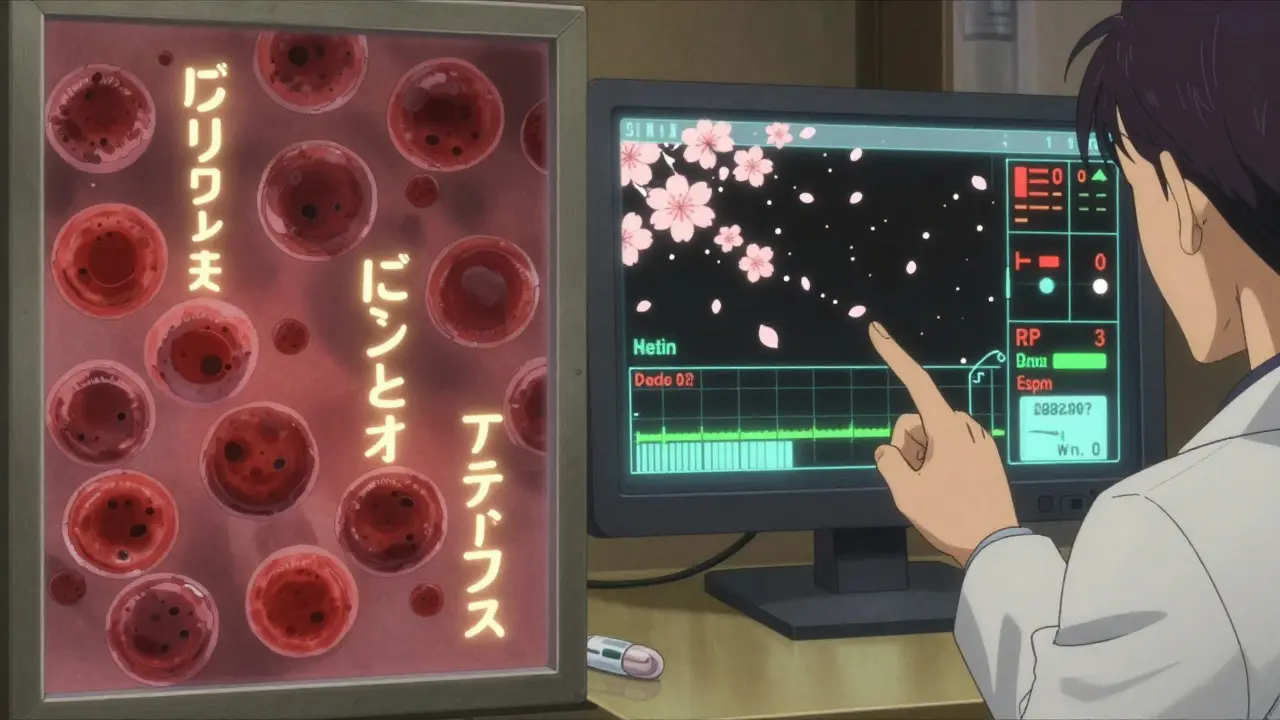 Tableau de diagnostic médical avec symboles sanguins et données de coagulation en kanji lumineux.
