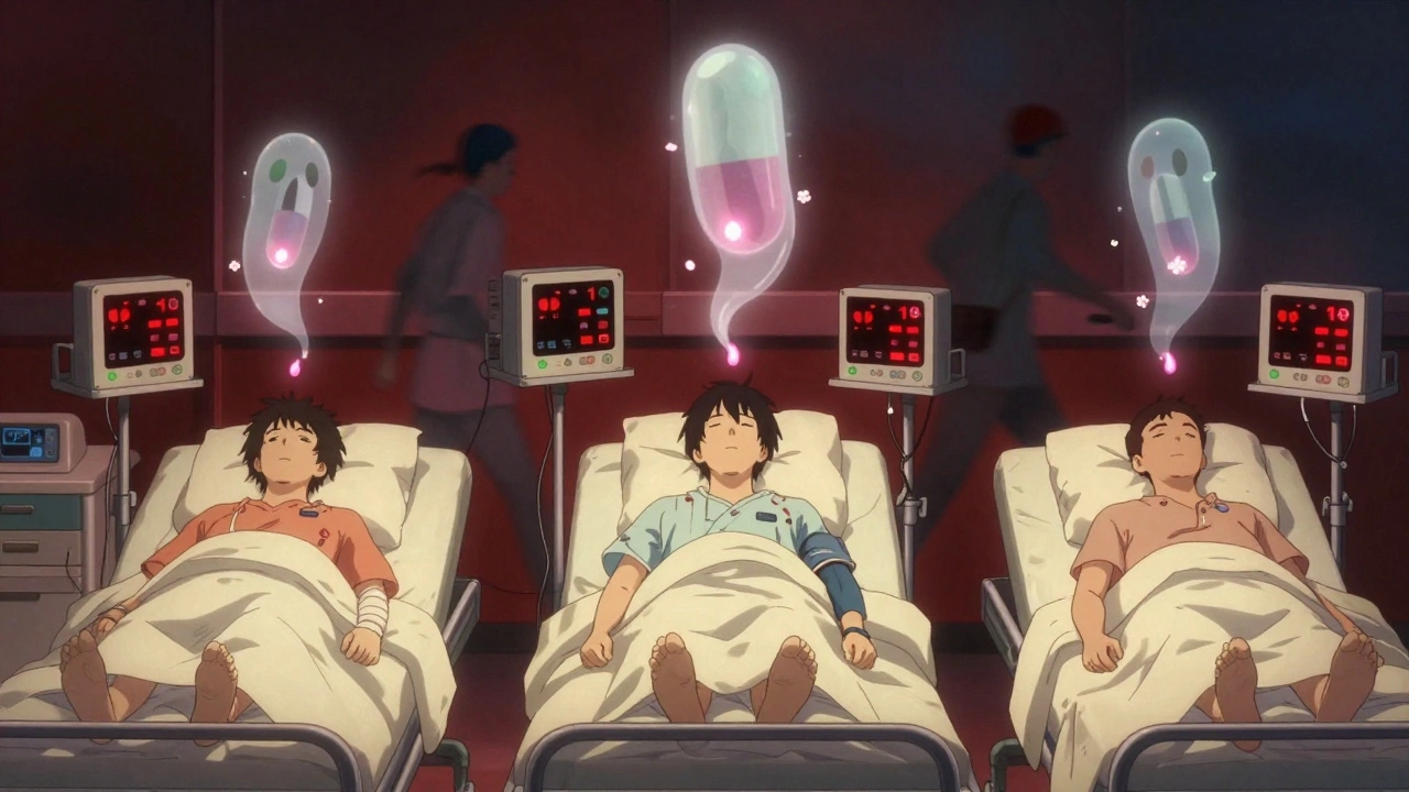 Trois patients à l'hôpital avec des alertes rouges et des pilules flottantes comme des pétales de cerisier.