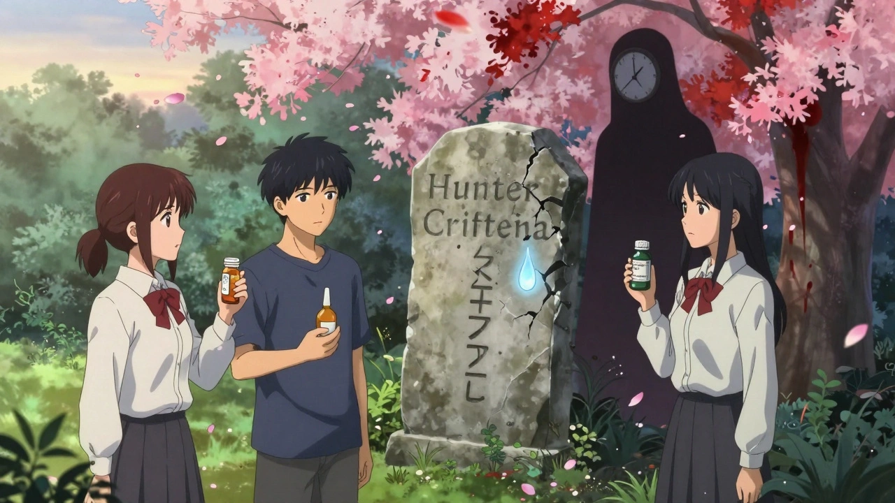 Trois personnes tenant des médicaments dangereux, une tablette brisée affiche les critères de Hunter, des pétales rouges tombent autour d&#039;elles.