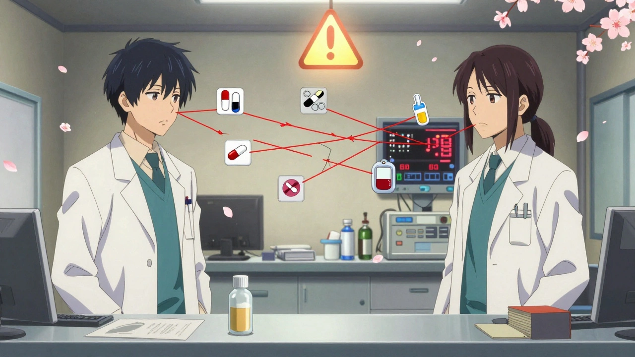 Un médecin et un pharmacien séparés par des icônes de médicaments et maladies connectées par des fils rouges.