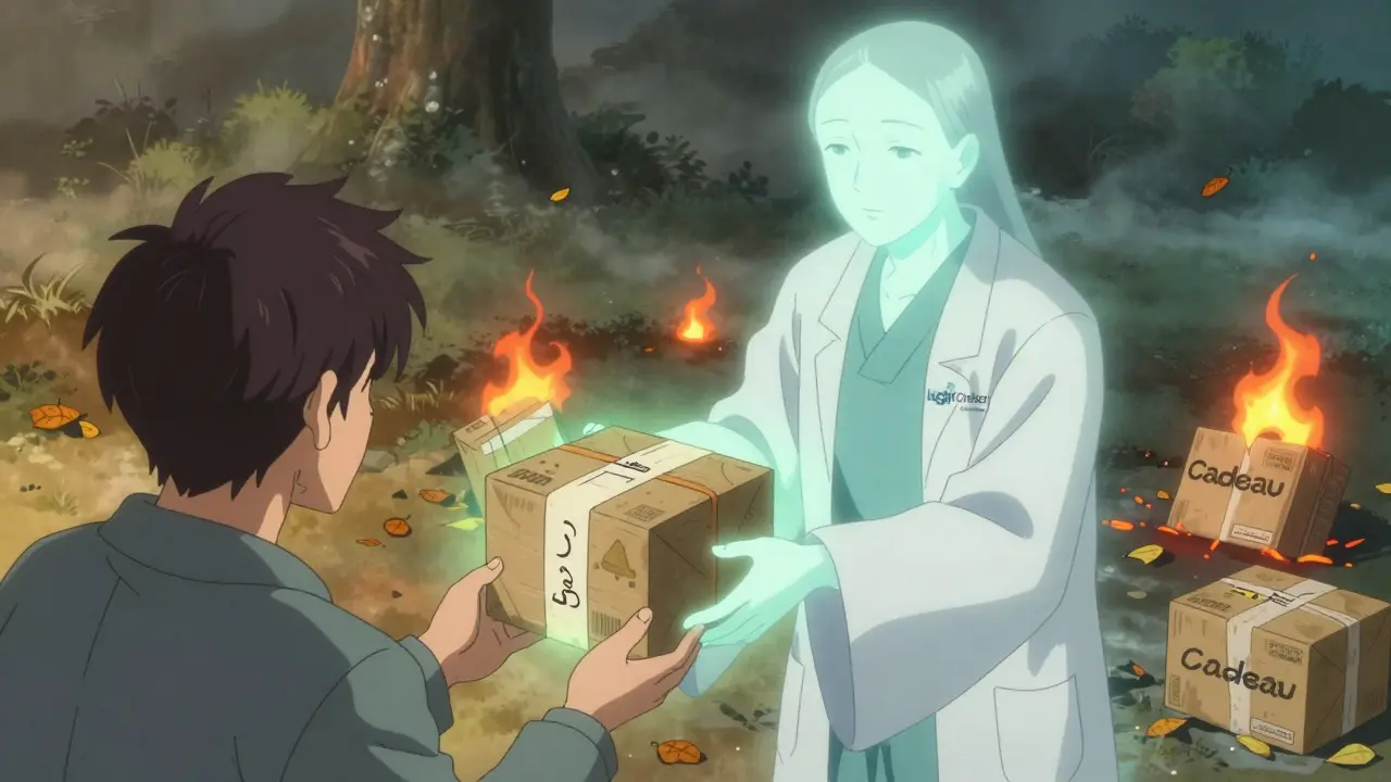 Un patient reçoit un colis sécurisé d’un esprit de pharmacie certifiée, tandis que d’autres colis illégaux brûlent en arrière-plan.