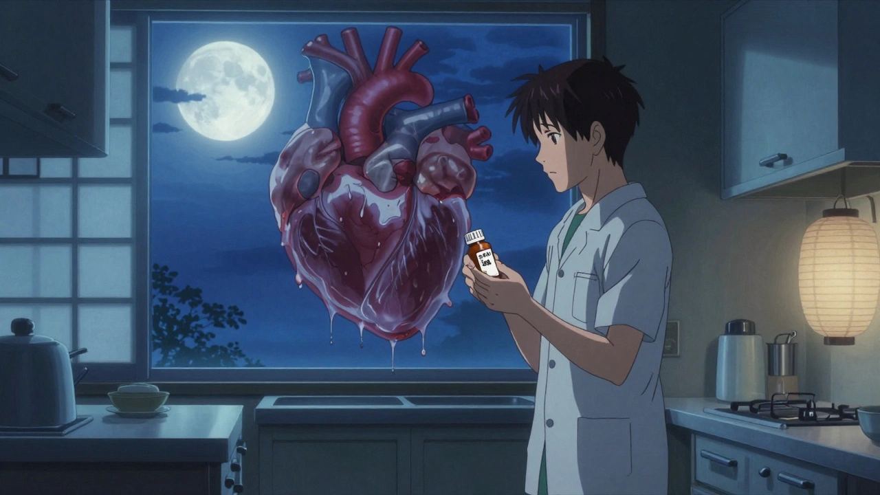 Un patient tenant un anti-inflammatoire, tandis qu’un cœur et un rein se dégradent dans l’ombre.
