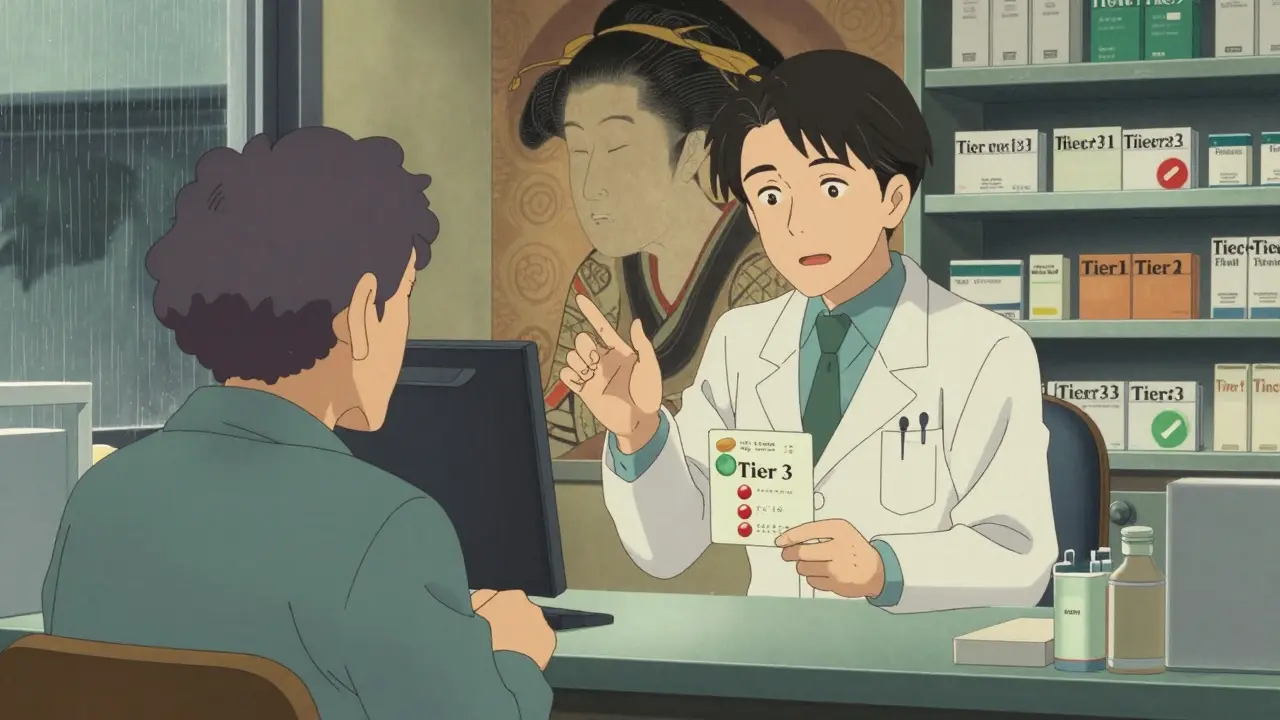 Un pharmacien aide un patient à comparer deux médicaments sur une tablette, l'un moins cher.