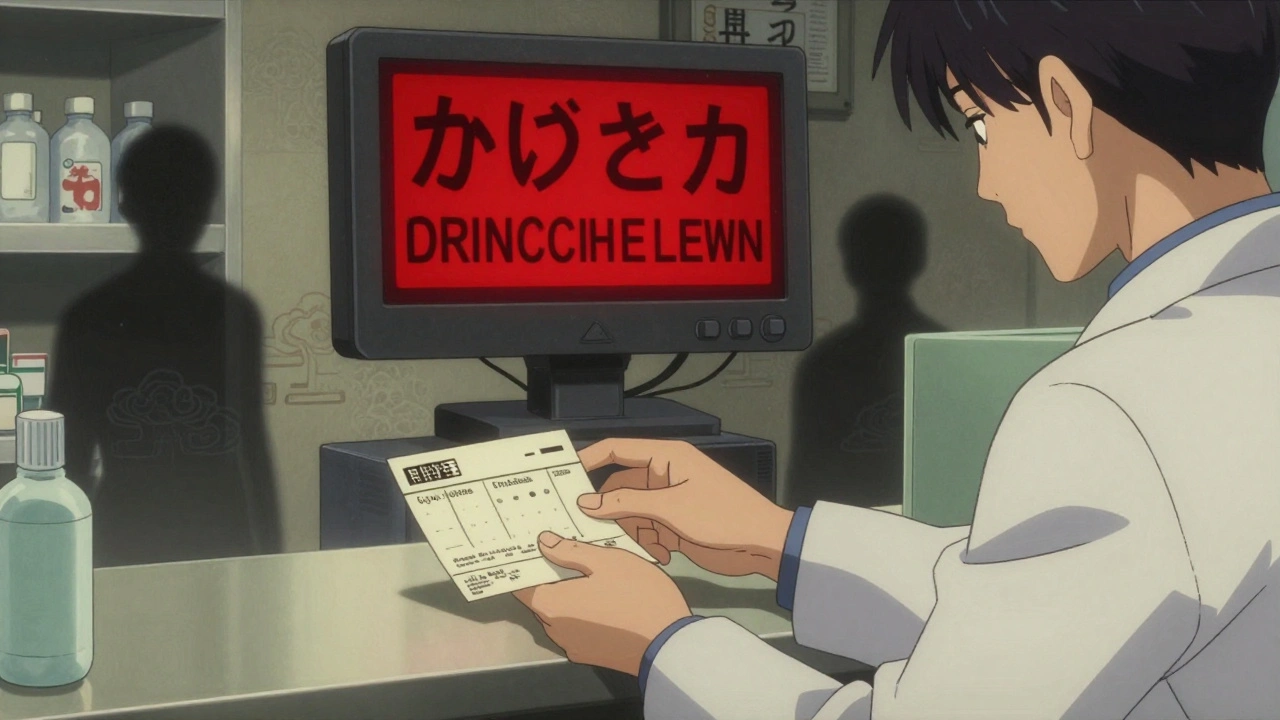 Un pharmacien hésitant devant une ordonnance combinant opioïdes et benzodiazépines, avec une alerte rouge clignotante en fond.