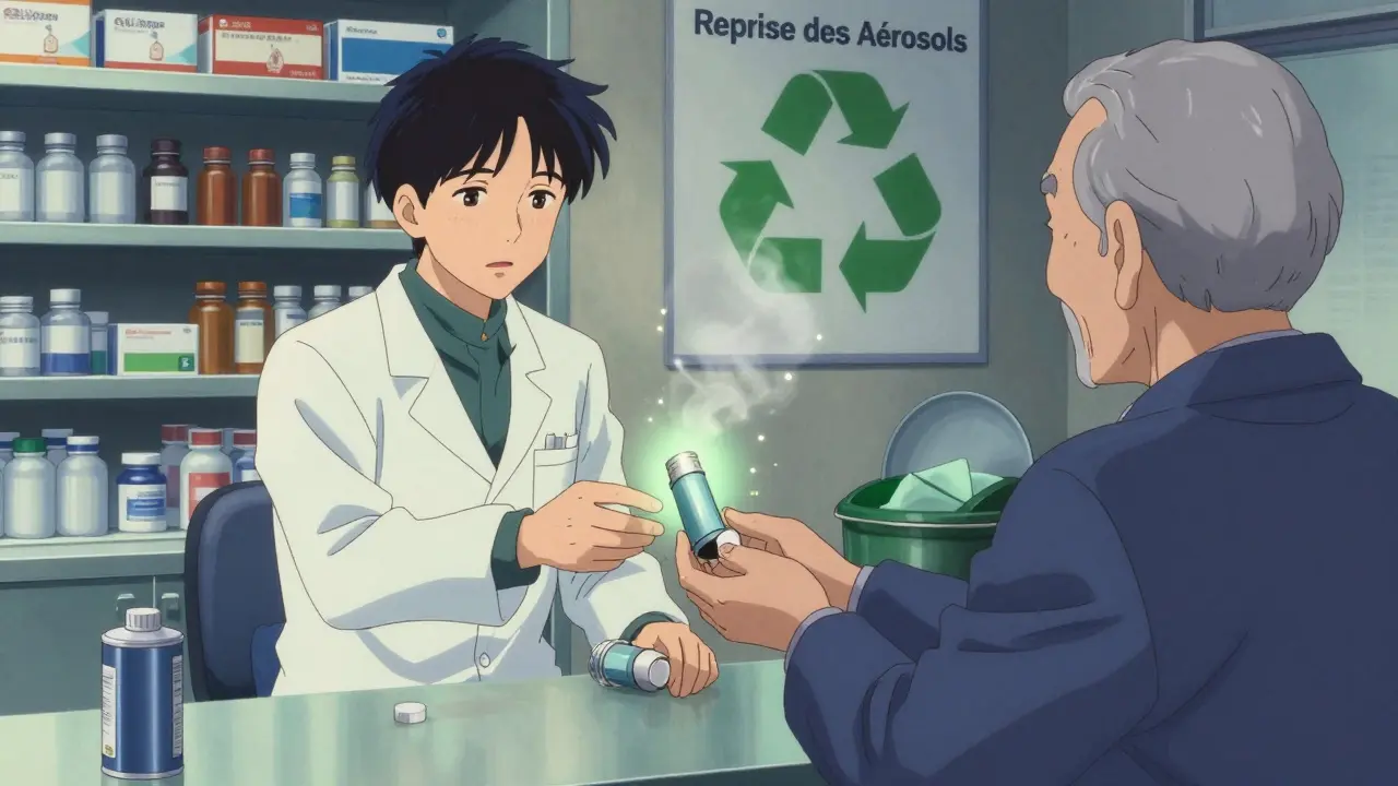 Un pharmacien reçoit un inhalateur périmé dans une pharmacie avec un affiche de reprise.
