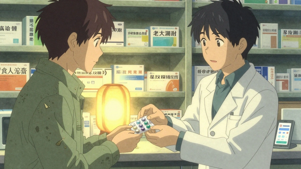 Un pharmacien remet un blister organisé à un patient, lumière douce et médicaments génériques en arrière-plan.