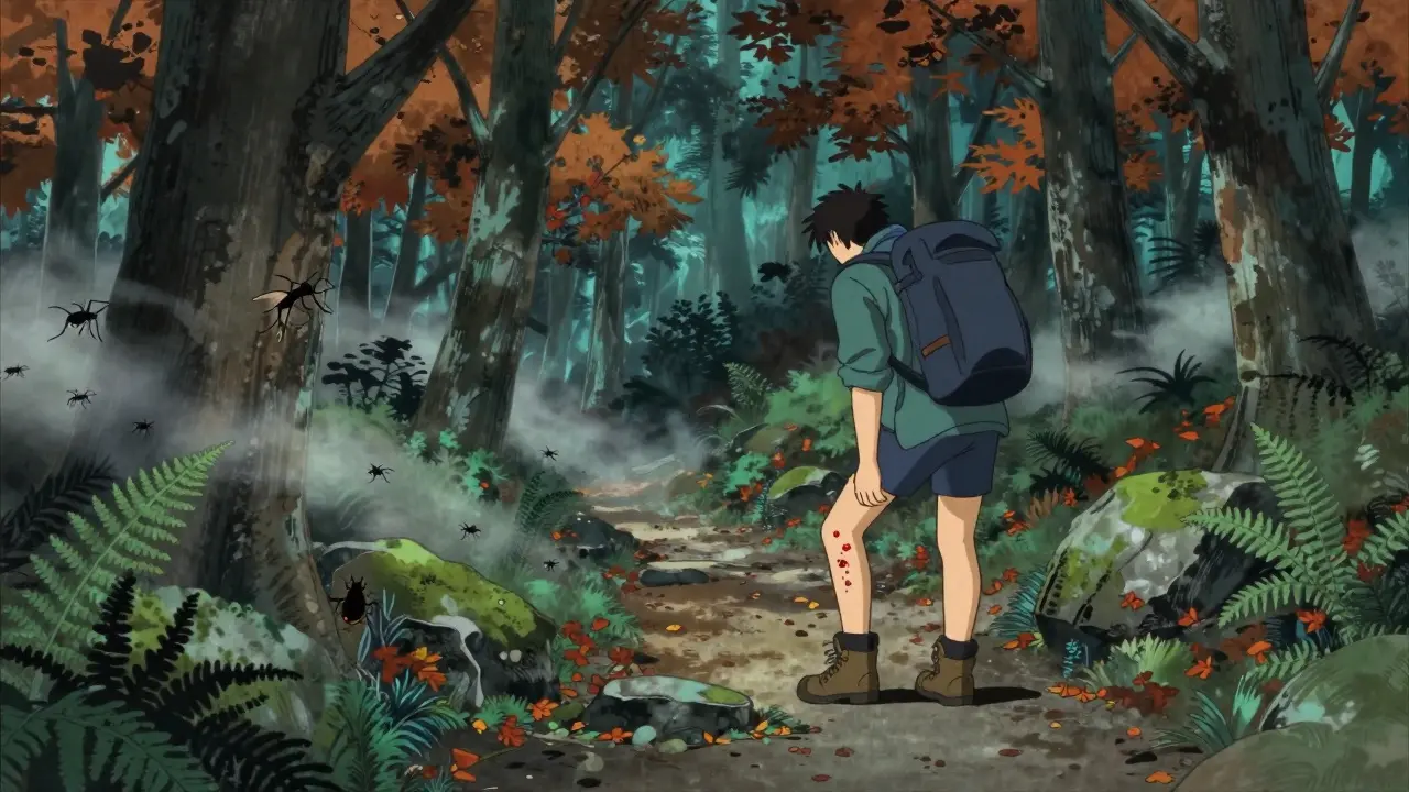 Un randonneur dans une forêt française, une tique grimpe sur son pantalon sous un ciel automnal.