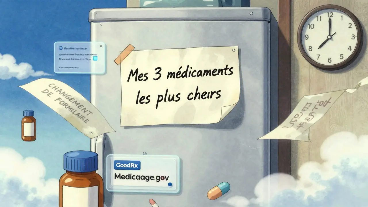 Un réfrigérateur affiche une note manuscrite sur les médicaments coûteux, entourée d'alertes numériques flottantes.