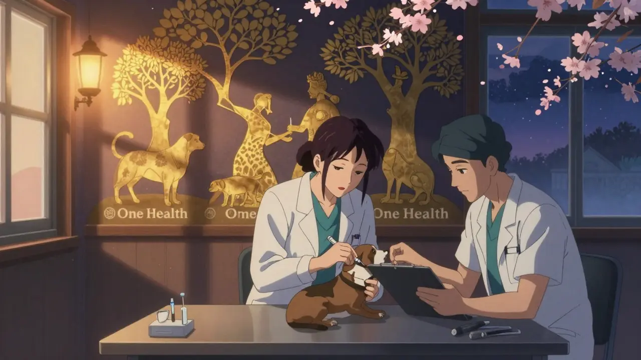 Un vétérinaire et un médecin collaborent dans une clinique, un mur illustre la santé unie des humains, animaux et nature.