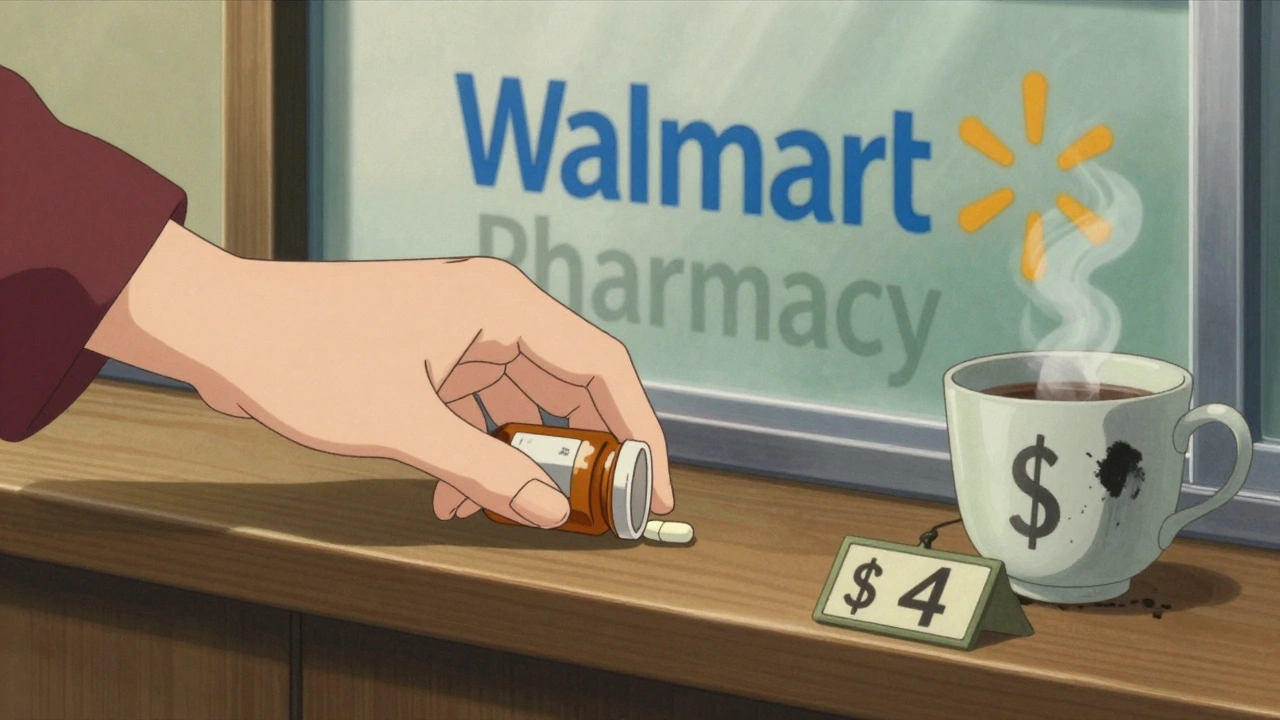 Une bouteille de médicament générique à 4 $ sur un comptoir de pharmacie Walmart, avec un prix clairement affiché.
