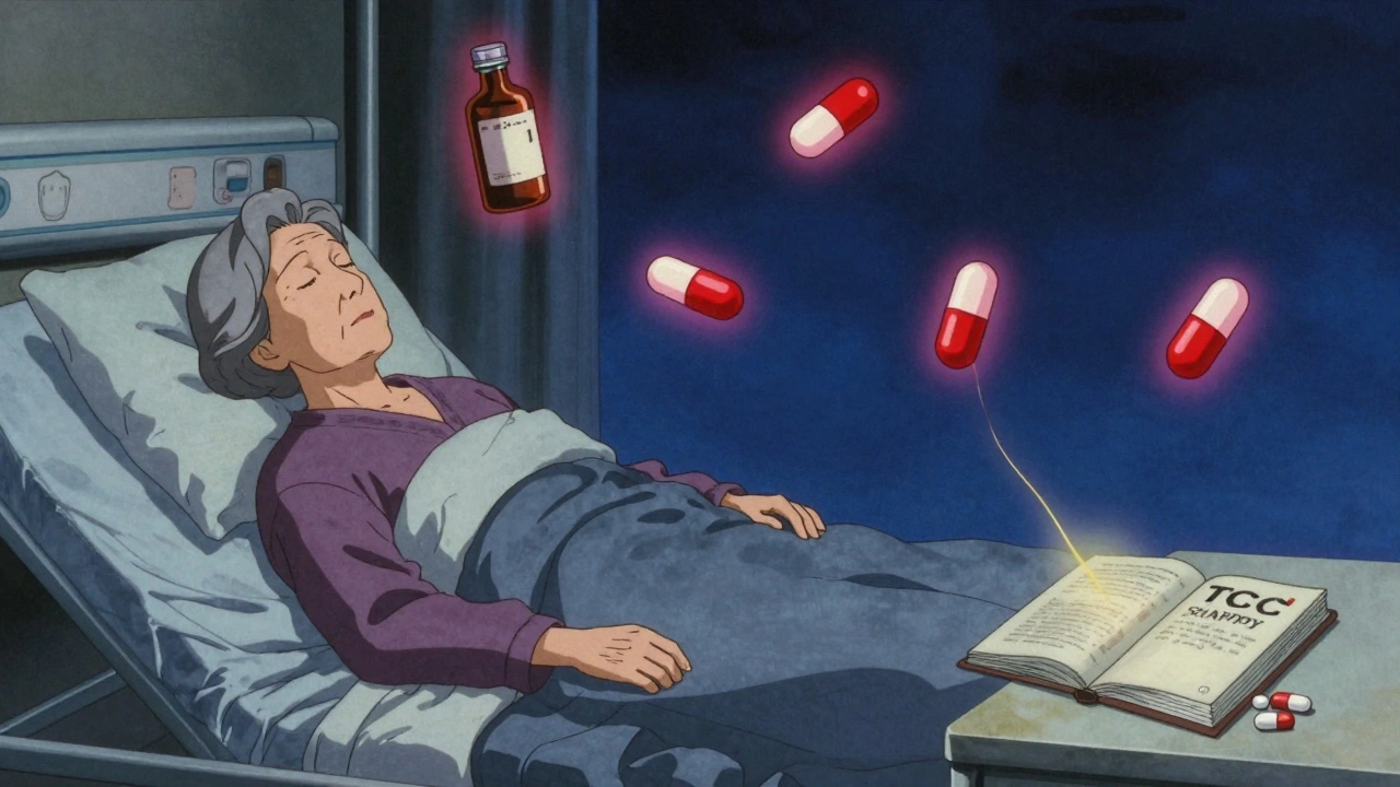 Une femme âgée dans un lit d&#039;hôpital, attirée vers un abîme par des médicaments sédatifs, tandis qu&#039;une lumière dorée pointe vers des alternatives sûres.