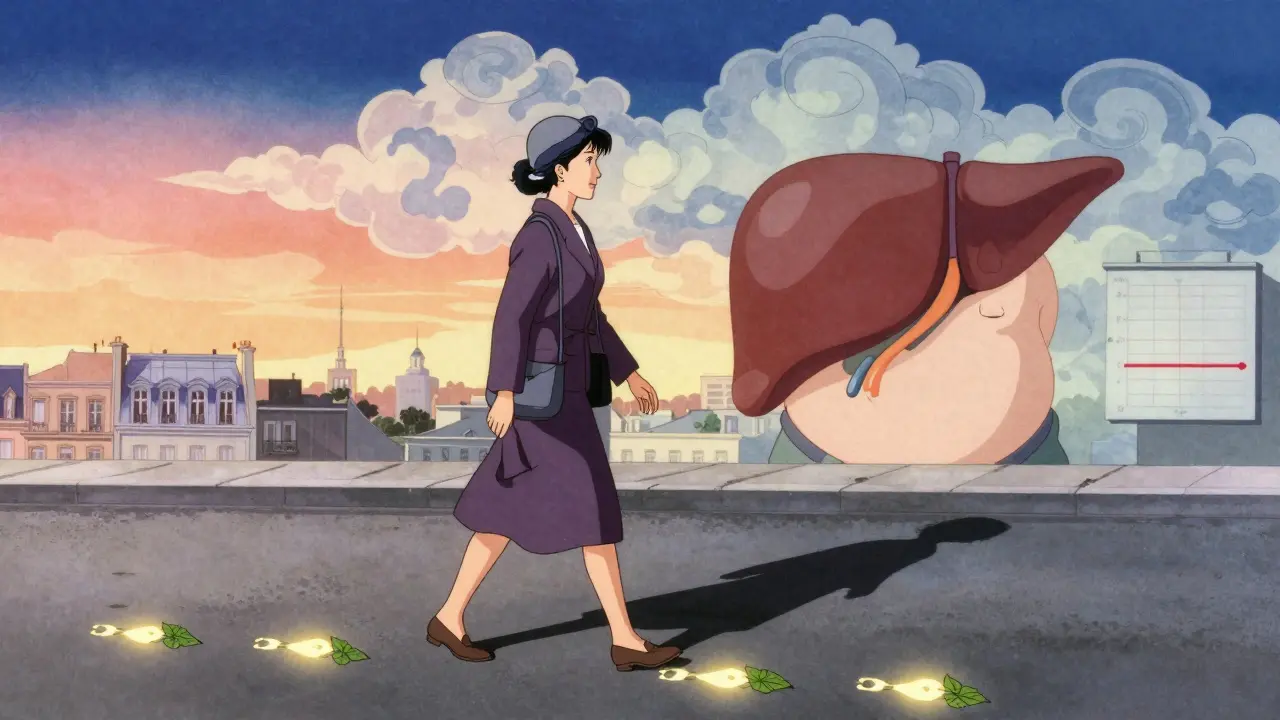 Une femme marche au lever du jour, chaque pas transforme la graisse du foie en feuilles, dans un style anime inspiré de l'ukiyo-e.