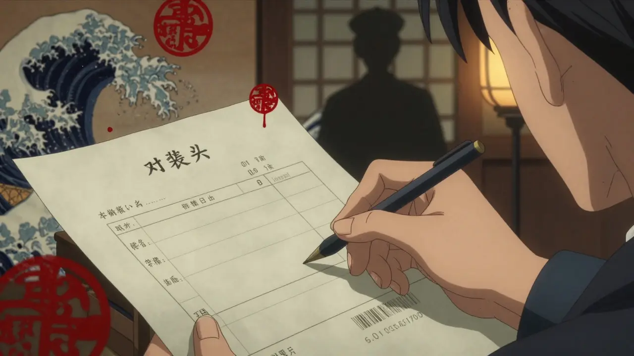 Une main écrit une facture commerciale avec le code HS correct, un inspecteur des douanes observe en ombre.