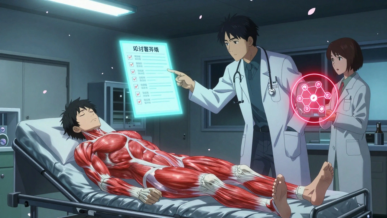 Urgence hospitalière : patient en convulsions, médecin pointant des critères de diagnostic flottants, pharmacien avec symboles de médicaments.