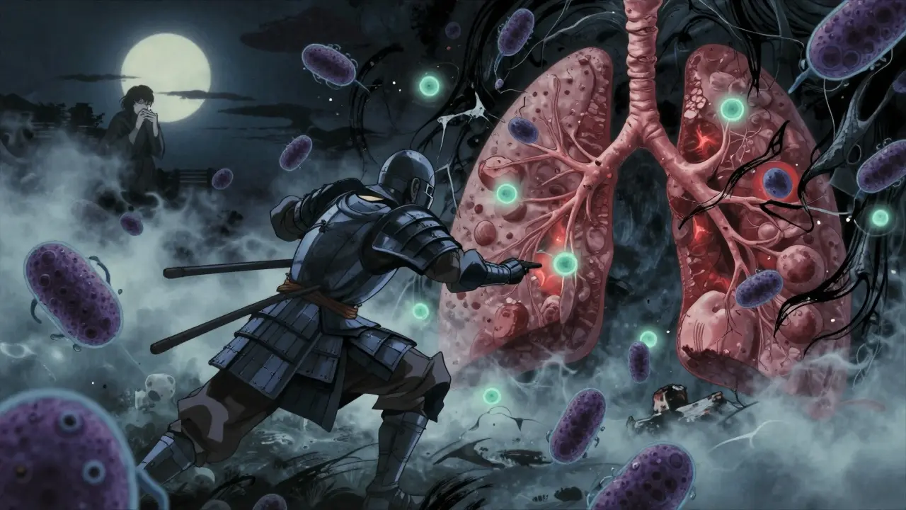 Bataille symbolique dans les poumons entre cellules immunitaires et bactéries de la tuberculose, sous l'effet d'inhibiteurs du TNF.