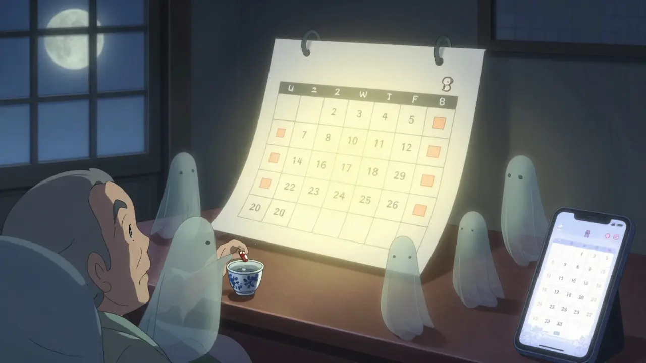 Calendrier papier flottant au-dessus d'un lit, entouré d'esprits transparents déposant des comprimés sous la lumière de la lune.