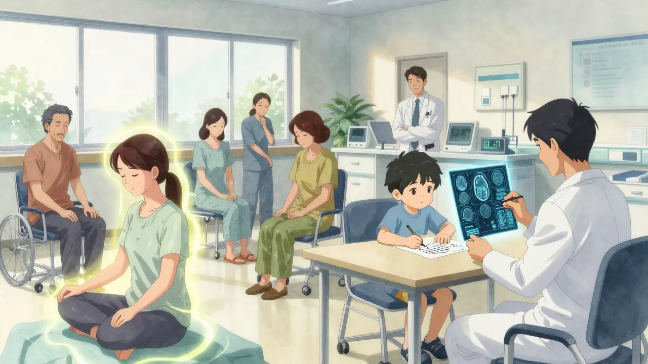 Clinique de long COVID avec des patients en réhabilitation, une scan holographique et une lumière douce.