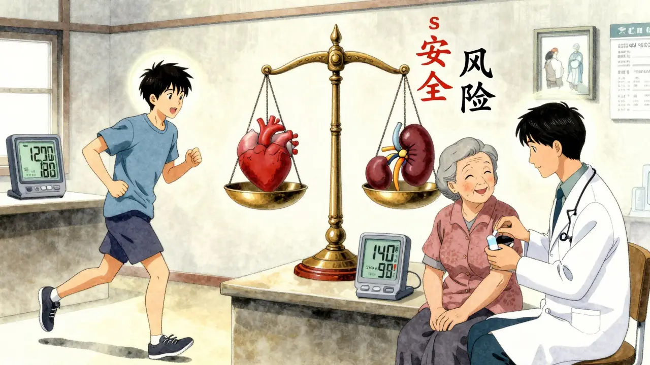 Clinique médicale où un jeune homme et une femme âgée sont représentés avec des cibles de pression différentes, entourées de symboles de sécurité et de risque.