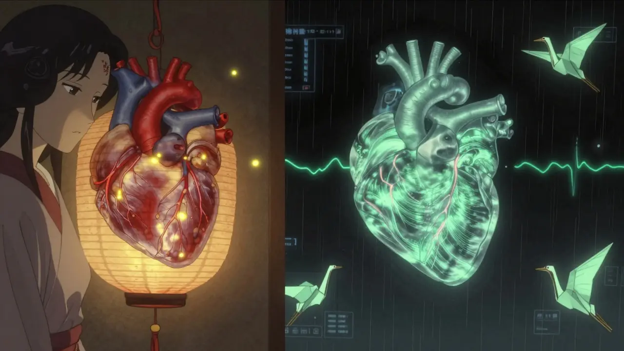 Cœur féminin représenté comme une lanterne de papier avec des vaisseaux microscopiques brillants et des algorithmes en origami.