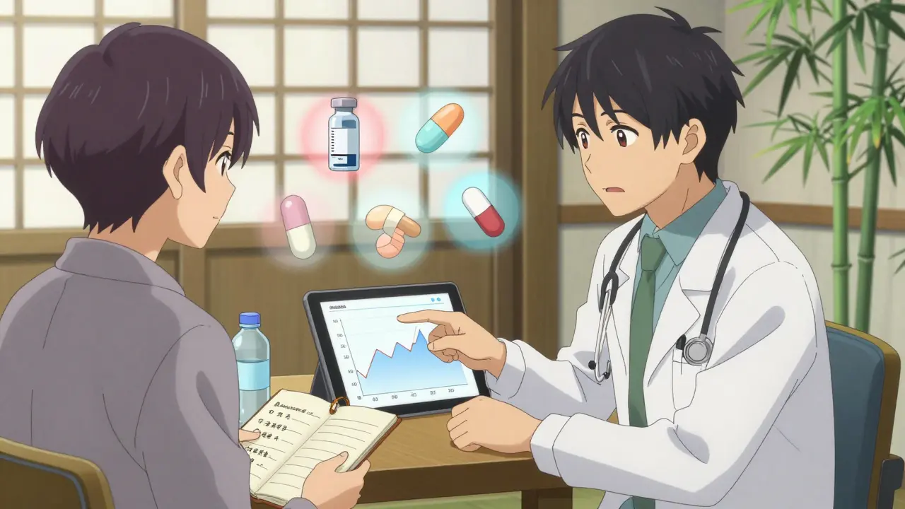 Consultation médicale avec un médecin et un patient, accompagnée d'icônes de médicaments flottants.