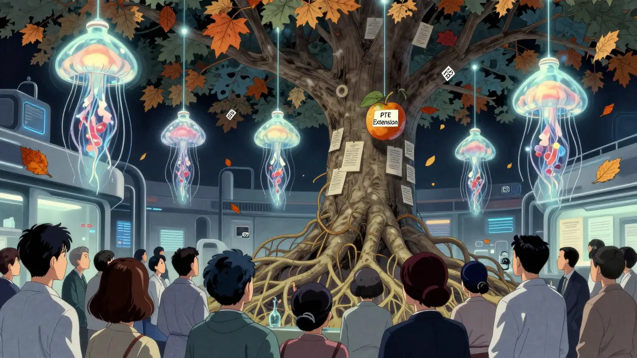 Des médicaments biologiques flottent comme des méduses reliés à un arbre de brevets sous des feuilles d'approbation.