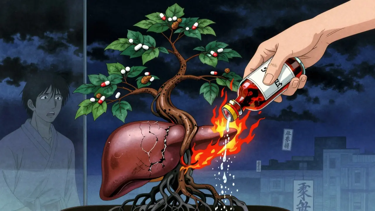 Foie en arbre bonsaï en feu sous l'effet du kava et de l'alcool, style anime ukiyo-e.