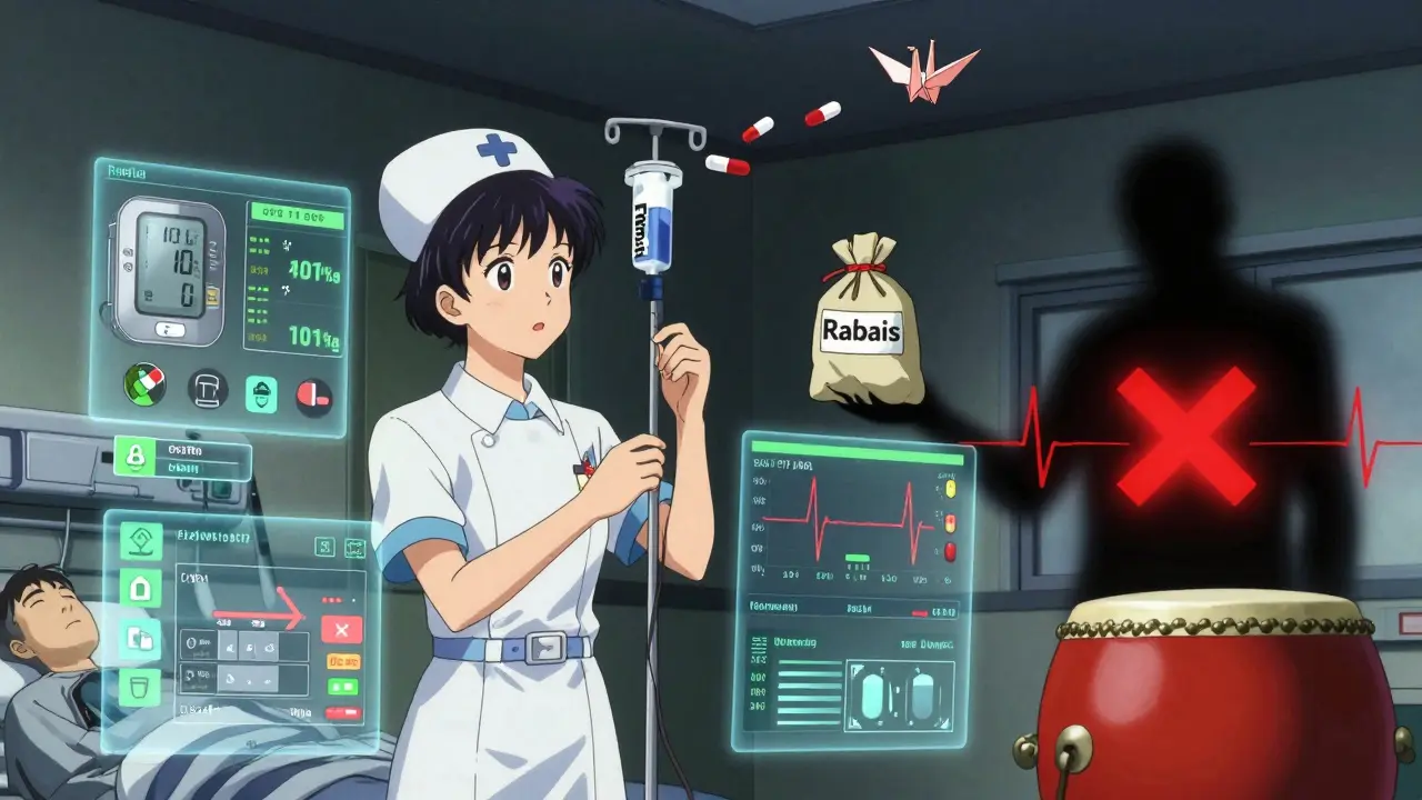 Infirmière administre une perfusion en ICU, entourée de données cliniques et d'un rabais bloqué par une croix rouge.