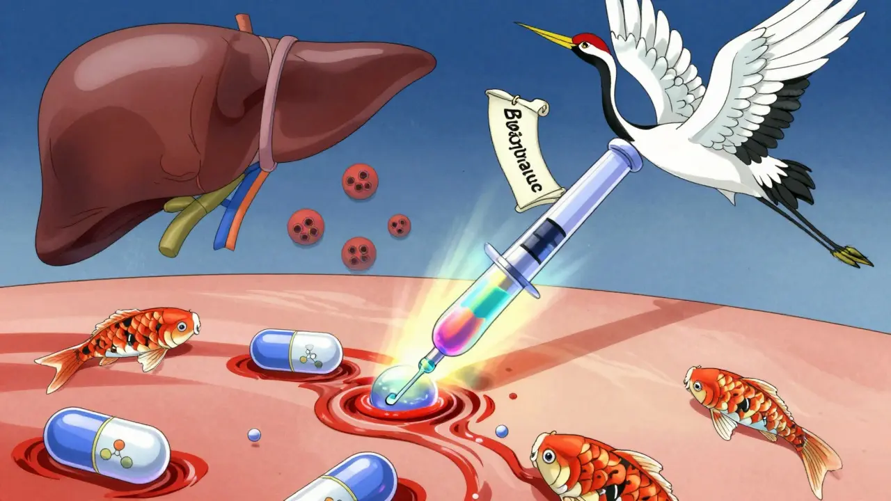 Injection de nanoparticules en forme de carpes nageant dans un flux sanguin.