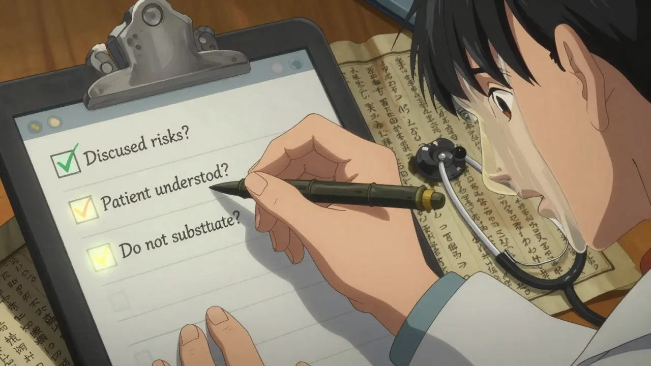 Main de médecin remplissant un dossier électronique avec des cases obligatoires sur la substitution générique, visage flottant du patient en arrière-plan.