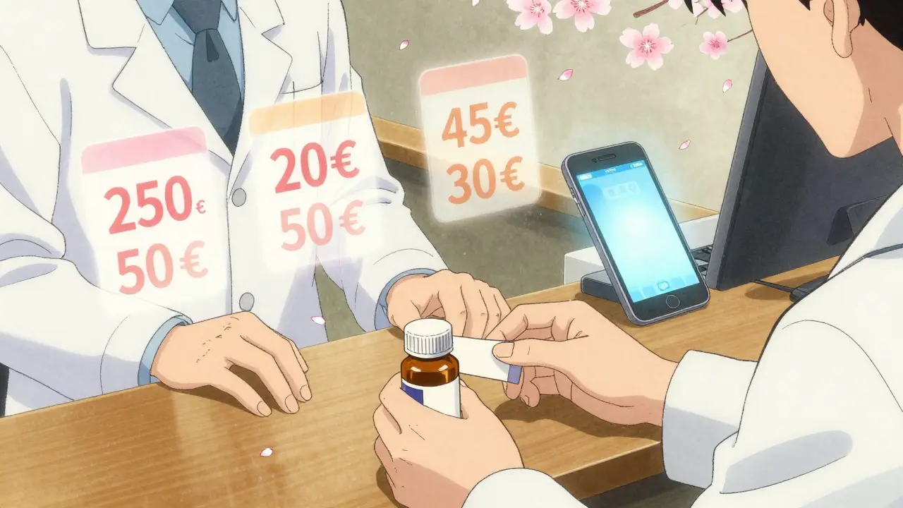 Mains de pharmacien avec des prix numériques flottants qui se transforment en prix bas, dans un style encre japonaise.