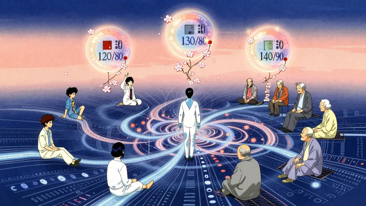 Mandala médical cosmique avec des données personnelles et trois cibles de pression flottantes, symbolisant une approche personnalisée de la santé.