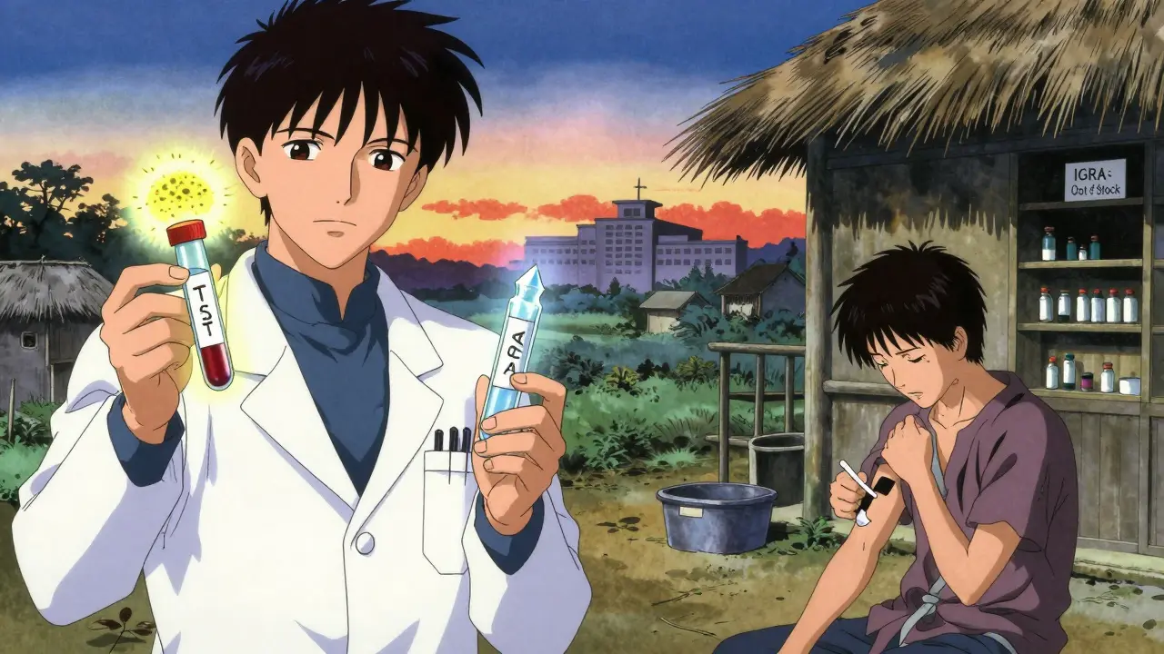 Médecin comparant deux tests de tuberculose, l'un disponible, l'autre absent, dans un cadre rural asiatique.