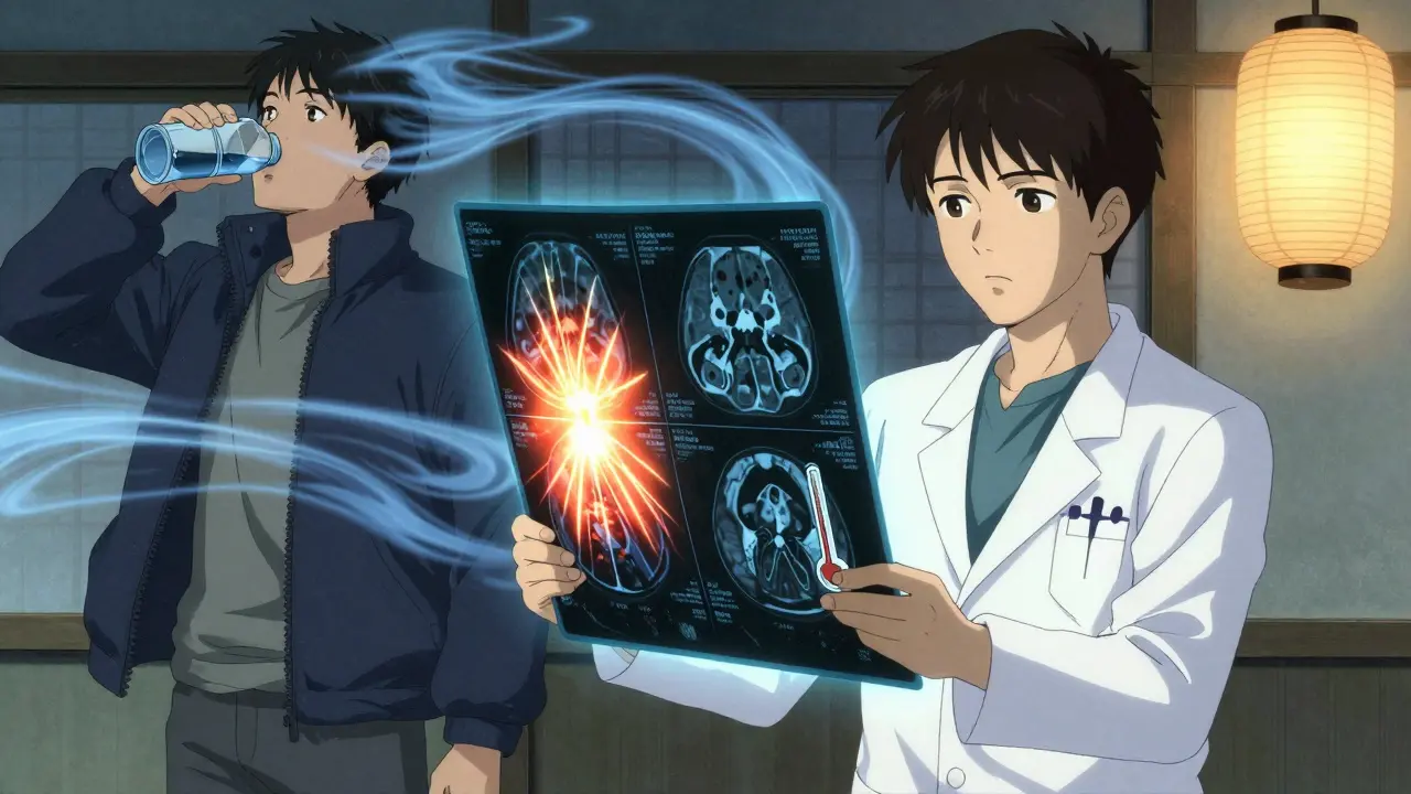 Médecin examinant une IRM montrant deux types de lésions nerveuses : une active et une stable, avec un patient qui se rafraîchit.