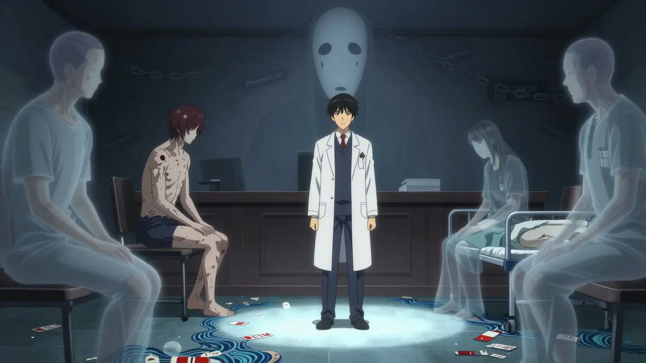 Médecin seul dans un tribunal, entouré d'ombres de patients blessés, une entreprise pharmaceutique floue derrière lui.