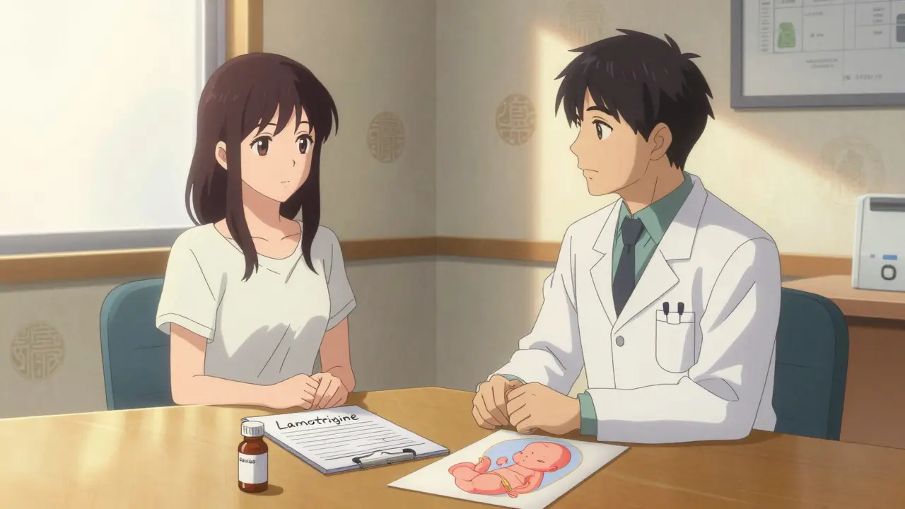 Neurologue et patiente en consultation, discutant d'un traitement sûr pendant la grossesse avec acide folique.