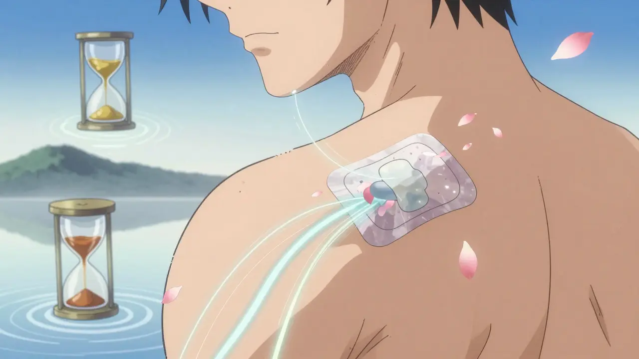 Patch transdermique délivrant lentement un médicament comme une encre dans l'eau.