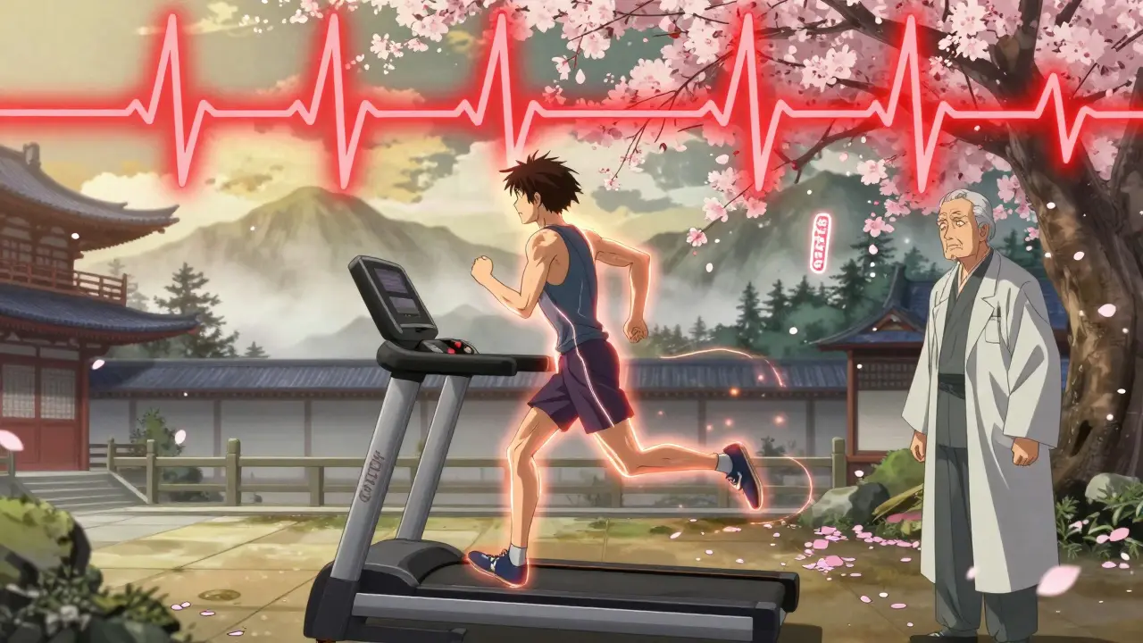 Patient courant sur un tapis roulant dans une cour de temple, un tracé ECG rouge sang flotte dans le ciel.