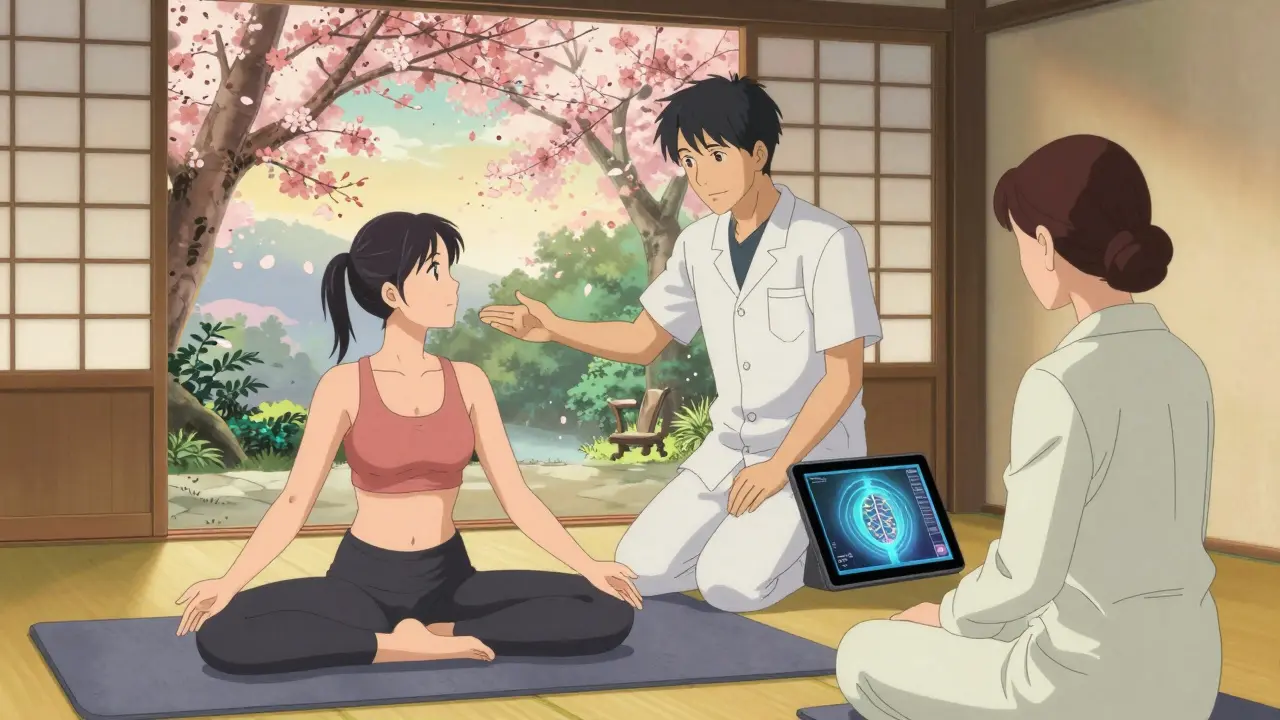 Patient en thérapie multidisciplinaire, yoga doux et visualisation numérique dans un espace apaisant.